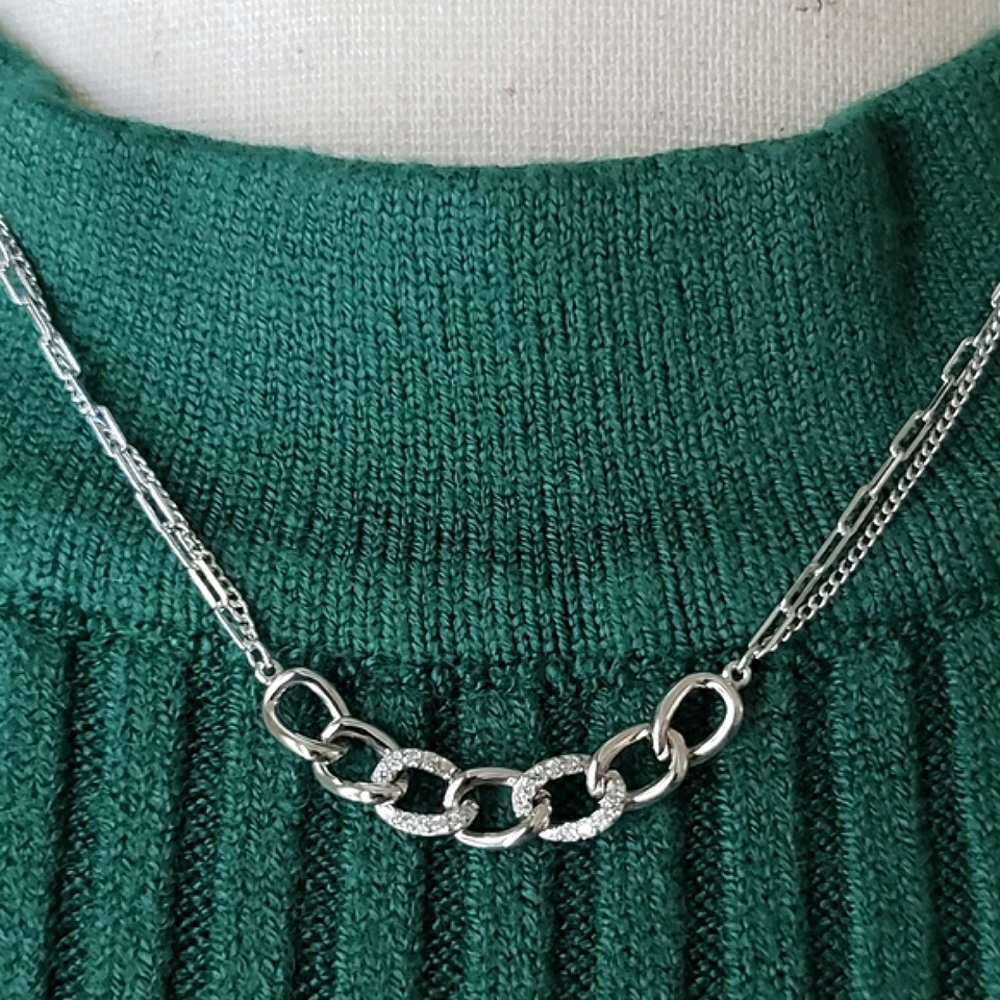 NEW Sterling Silver CZ Link Chain on  Dainty Double Strand Chain Necklace